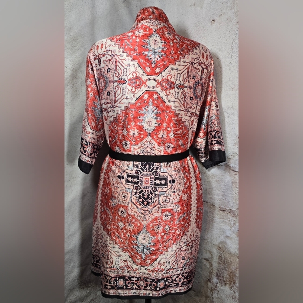Orange Cream Coral Black Satin Feel Robe Kimono Cover-Up S / M - Picture 3 of 7